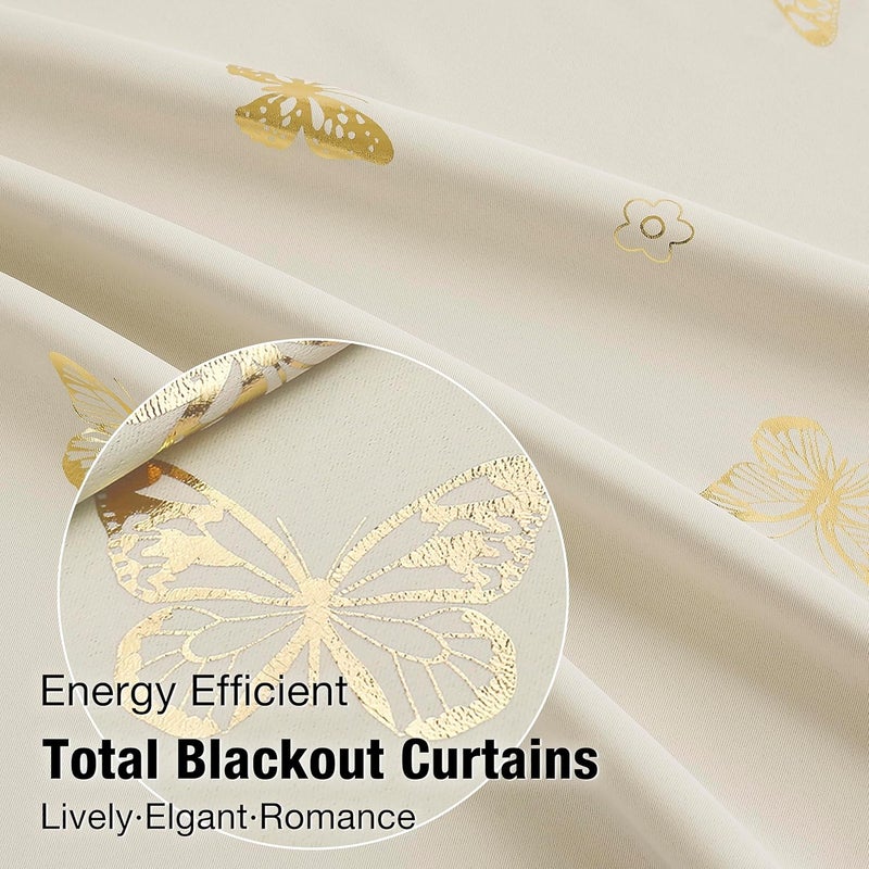 Jubilantex ستائر معتمة بتصميم فراشة 95" طويلة لغرفة الأطفال، بتصميم زهور باللون البيج والذهبي مع طبقة سوداء لتعتيم الغرفة، 52x95 - Image 4